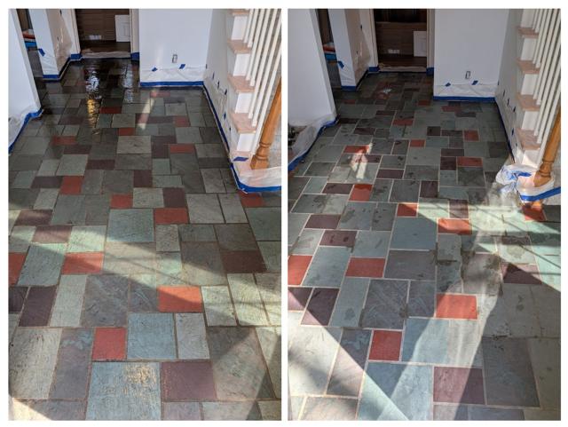Slate tile floor before and after professional cleaning