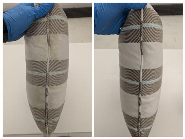 Striped pillow shown before and after cleaning
